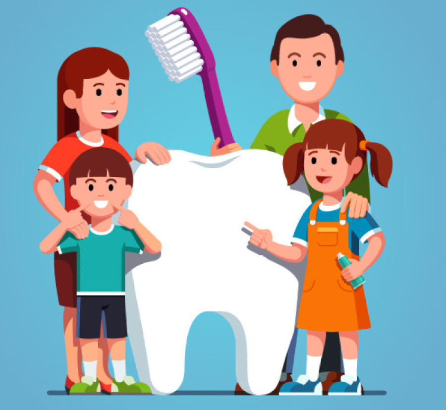 Cartoon family of four standing next to an oversized tooth and toothbrush.