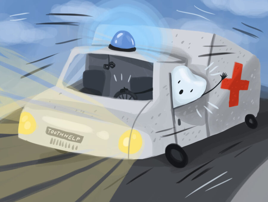 Illustration of a tooth driving an ambulance to help a patient with a dental emergency